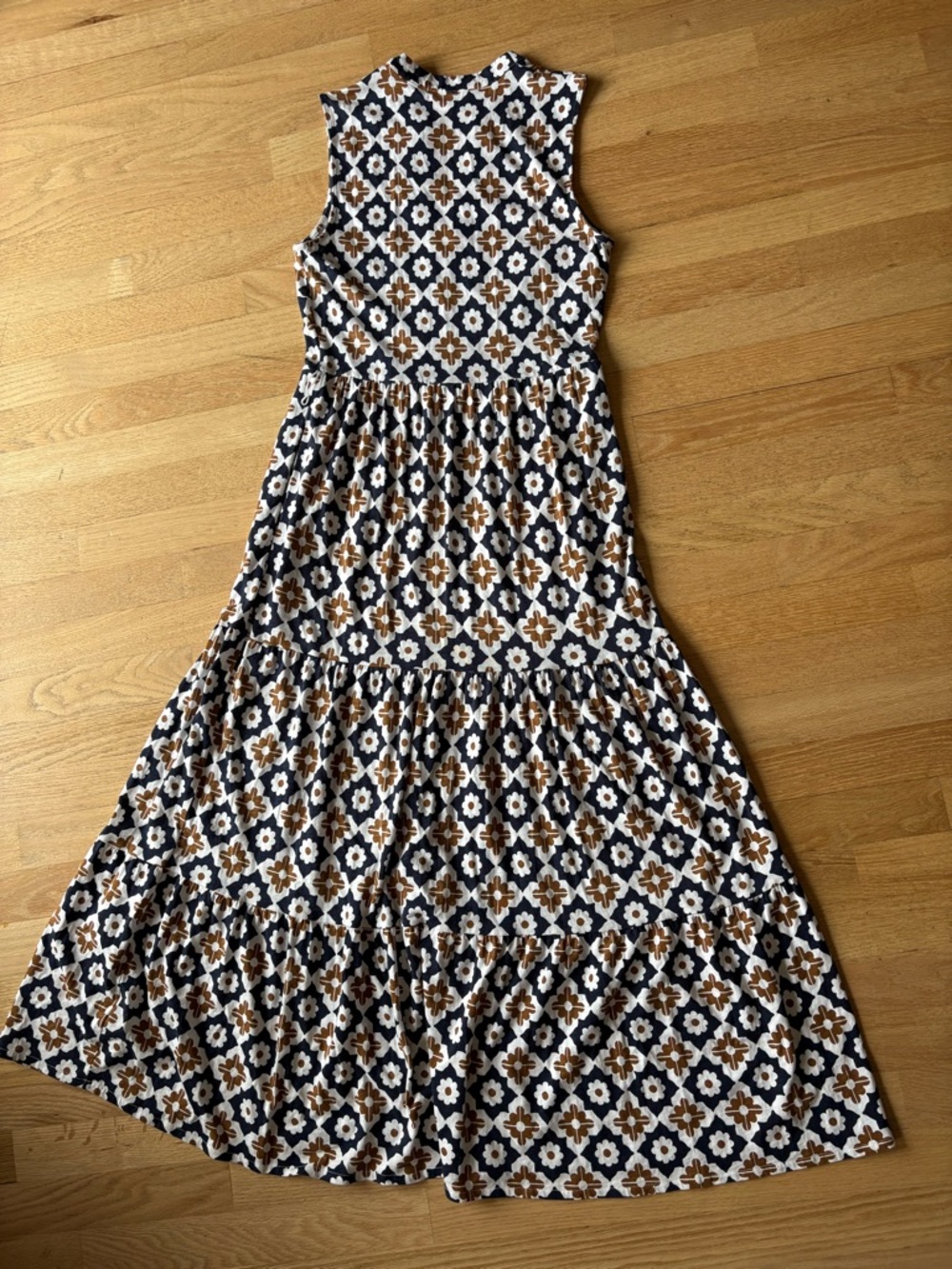 Boden Sleeveless V-Neck Maxi Dress in Navy and Brown Tile Print - Picture 6 of 9